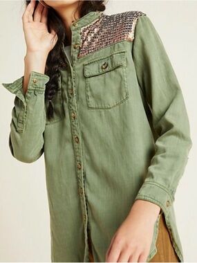 Anthropologie Olive Green Button-Down Shirt with Sequin Shoulder